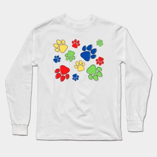 Kids Pawprint Pattern – Red Blue Green Yellow Long Sleeve T-Shirt